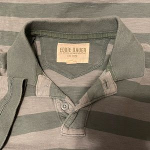 EDDIE BAUER CLASSIC COTTON SLUB FADED GREEN BLUE BLOCK STRIPED POLO MEN SMALL